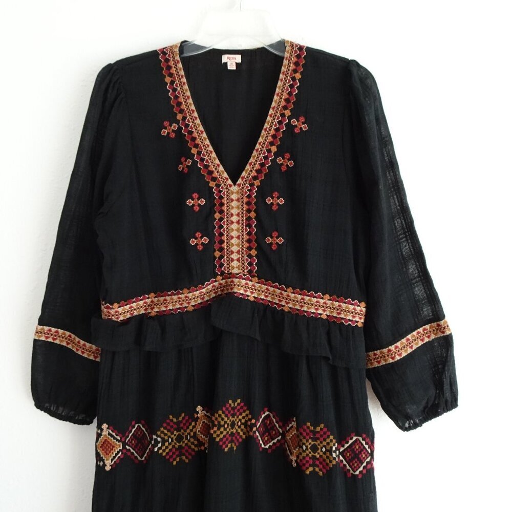 Reba Embroidered Dress Women's Size 10 Black Ruffle Tiered V-Neck Midi Boho - Picture 3 of 12